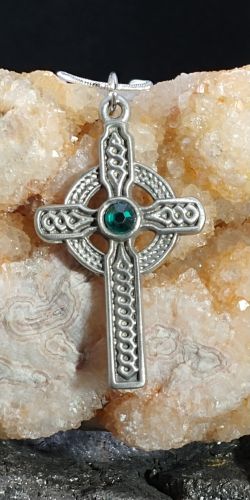 Celtic Cross Necklace with Green Crystal